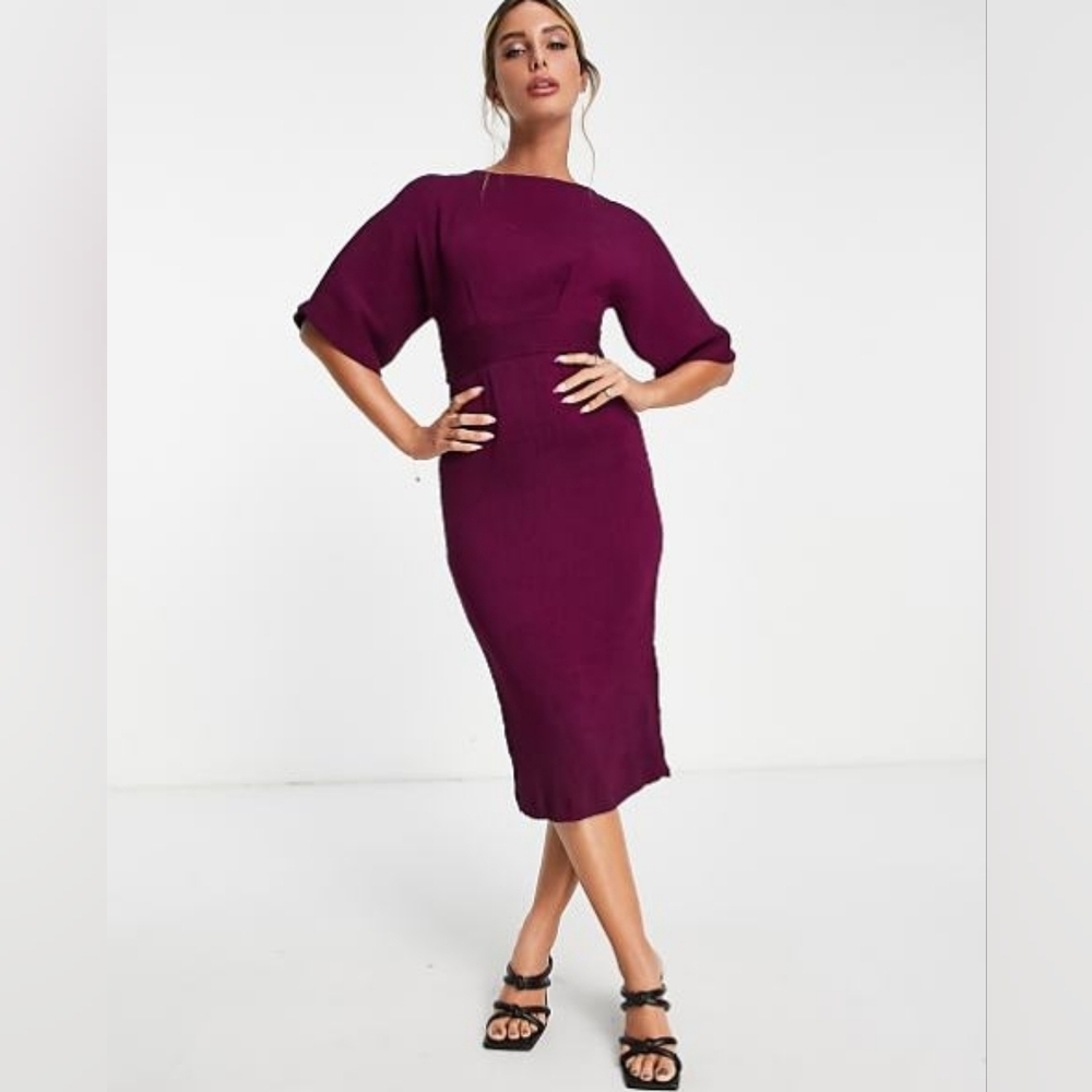 Closet London Plum Purple Ribbed Pencil Skirt Half Sleeve Dress 8 Midi Tie Belt